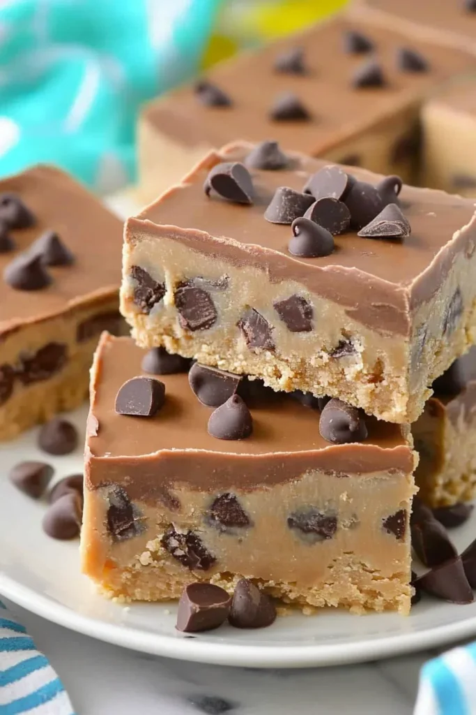 Close-up of rich cookie dough bars drizzled with melted chocolate and scattered chips.