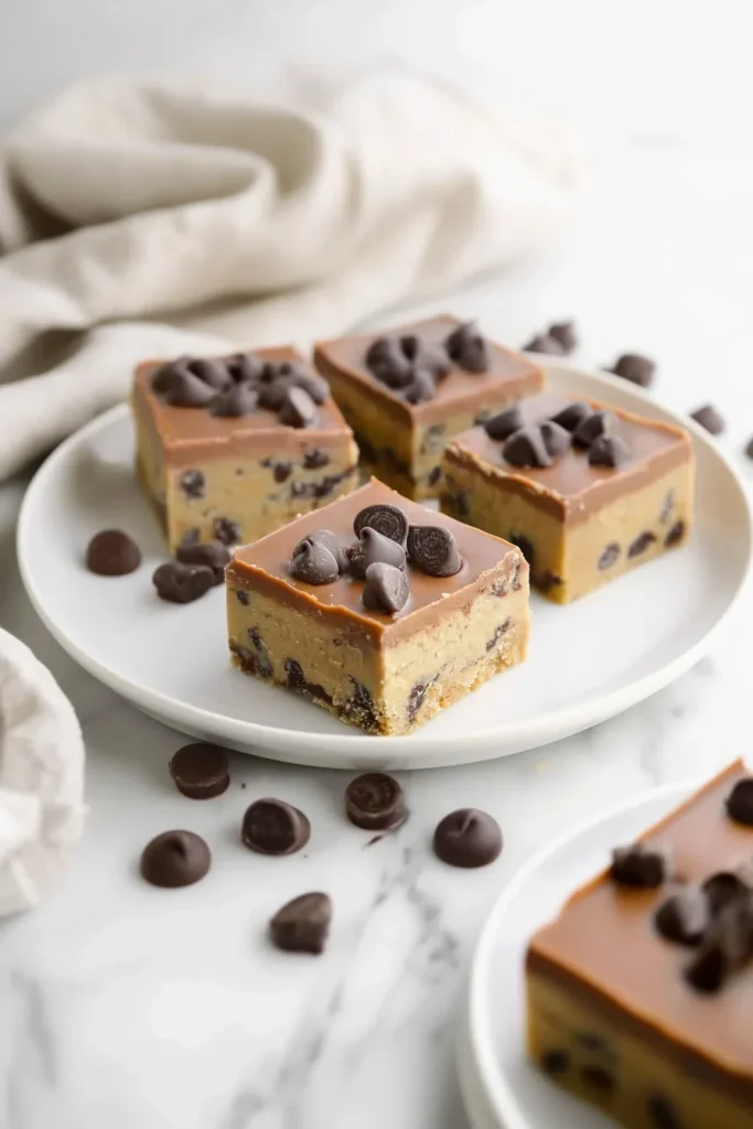 Overhead view of indulgent dessert squares with caramel filling and chocolate chips.