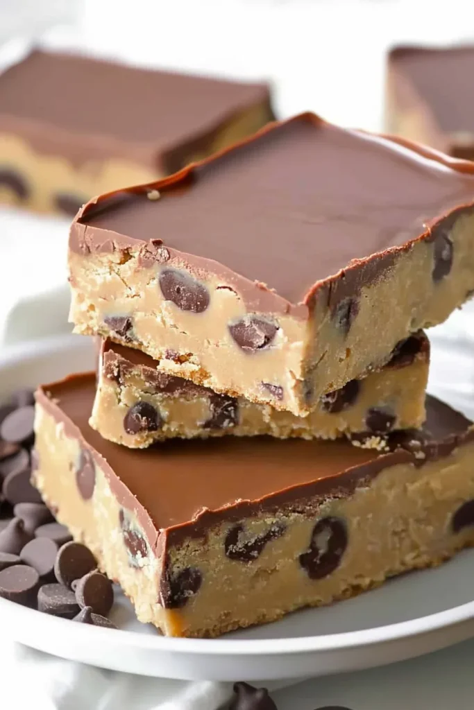 Stacked dessert bars with glossy chocolate topping and caramel layers on a white plate.
