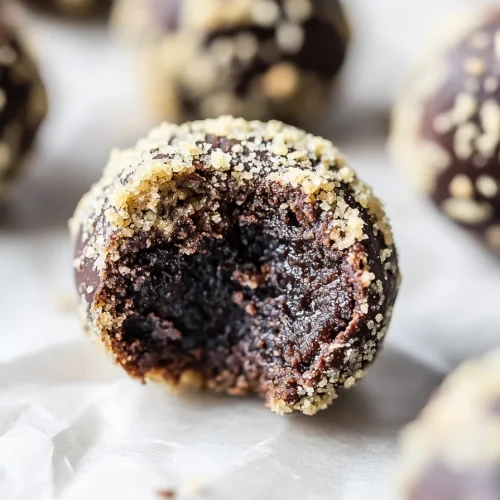Close-up of fudgy chocolate bite with nutty coating, showing the dense interior.