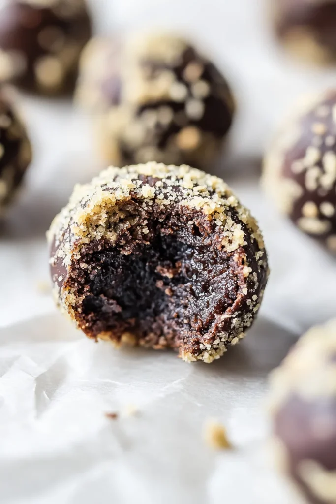 Close-up of fudgy chocolate bite with nutty coating, showing the dense interior.