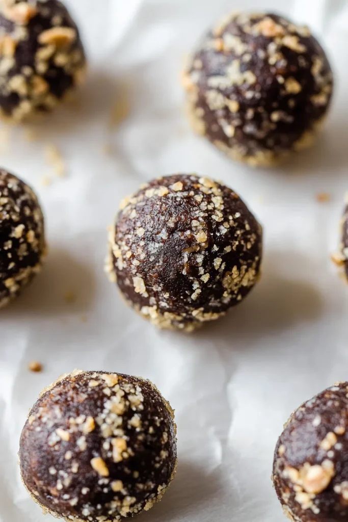 Round chocolate bites coated in crumbs, arranged neatly on parchment paper.