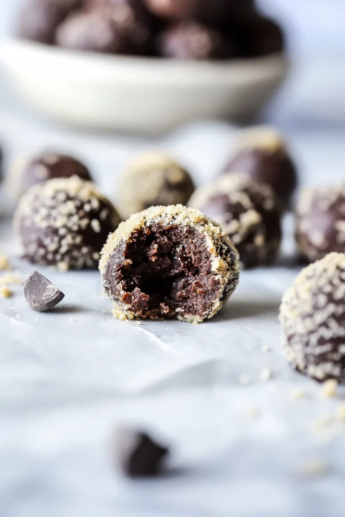 Handmade brownie balls styled with one partially eaten to reveal the center.