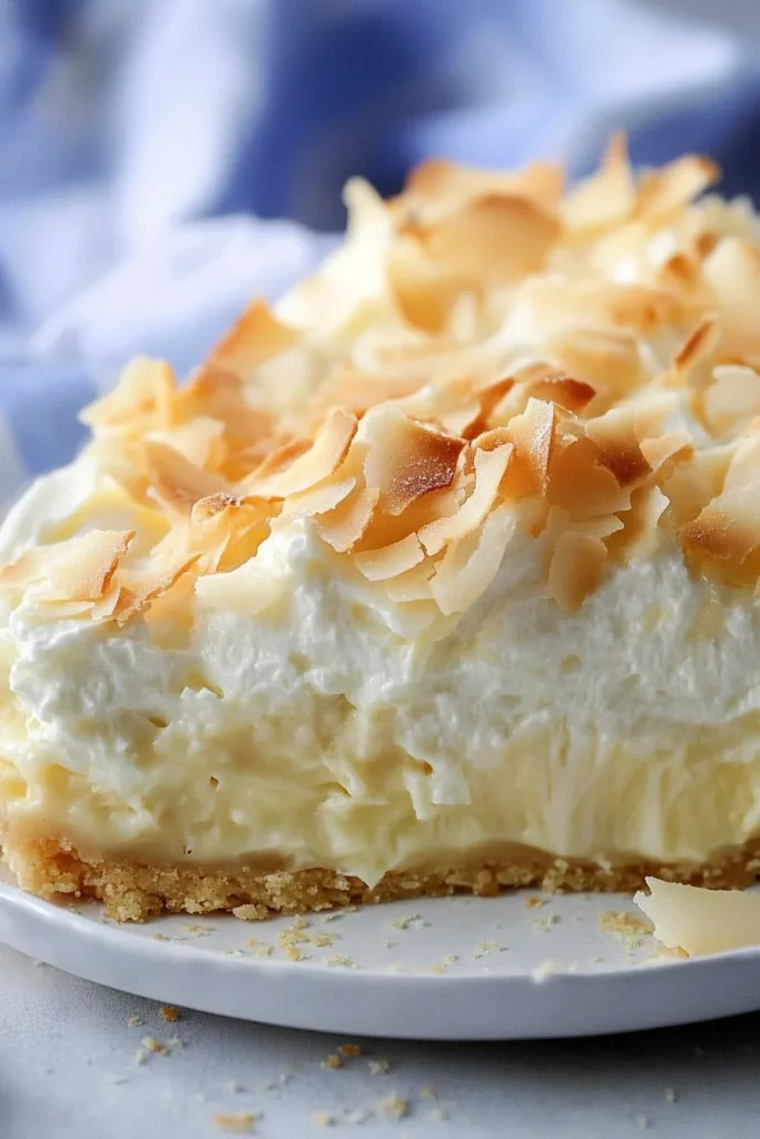 A plated piece of pie with a crumbly crust, smooth filling, and toasted coconut garnish.