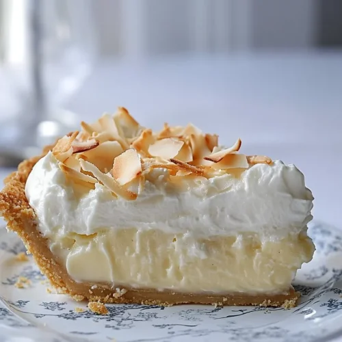 A slice of creamy pie with a golden crust and toasted coconut flakes on top.
