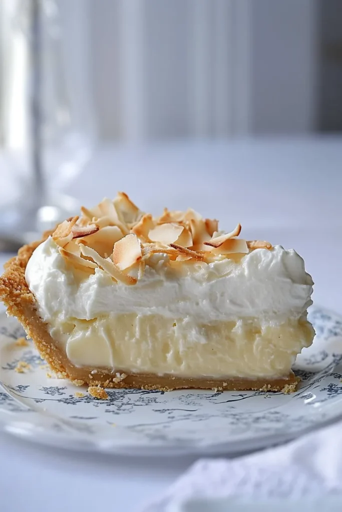 A slice of creamy pie with a golden crust and toasted coconut flakes on top.
