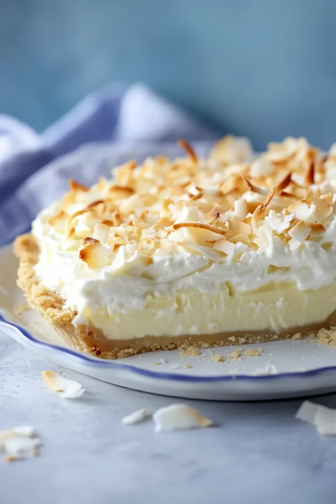 Final serving of pie garnished with lightly browned coconut shreds, highlighting texture contrast.