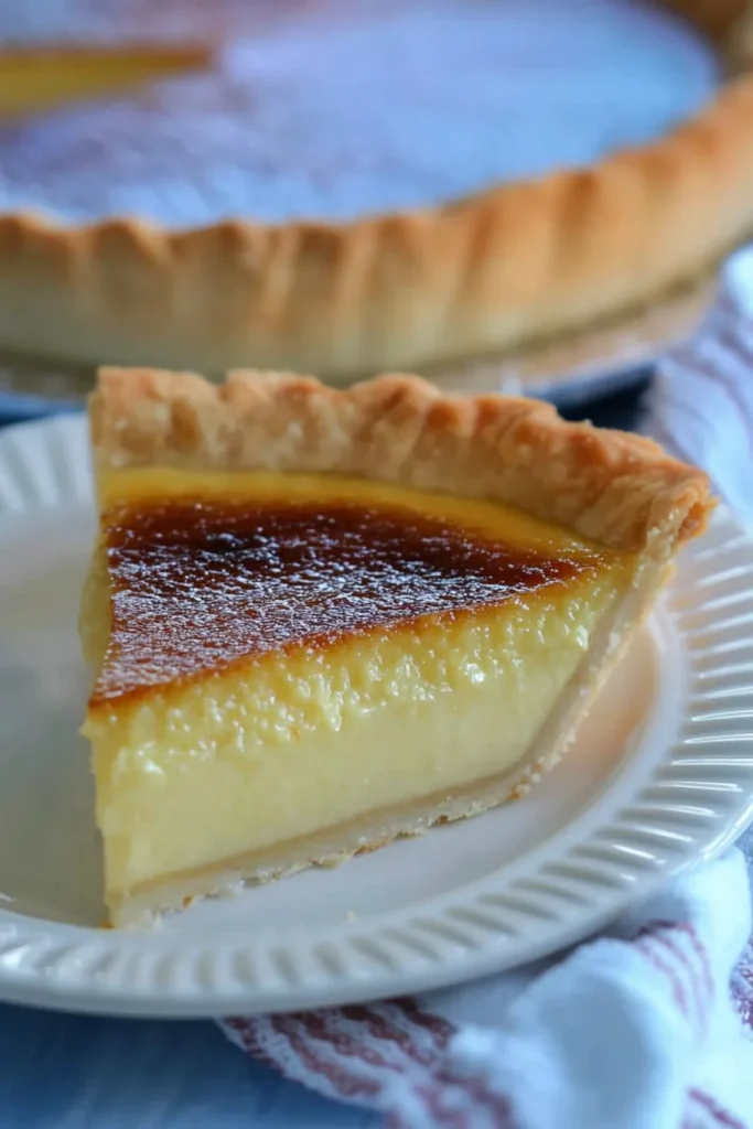 A rustic dessert plate featuring a slice of custard pie, its creamy interior contrasting with the crisp crust.