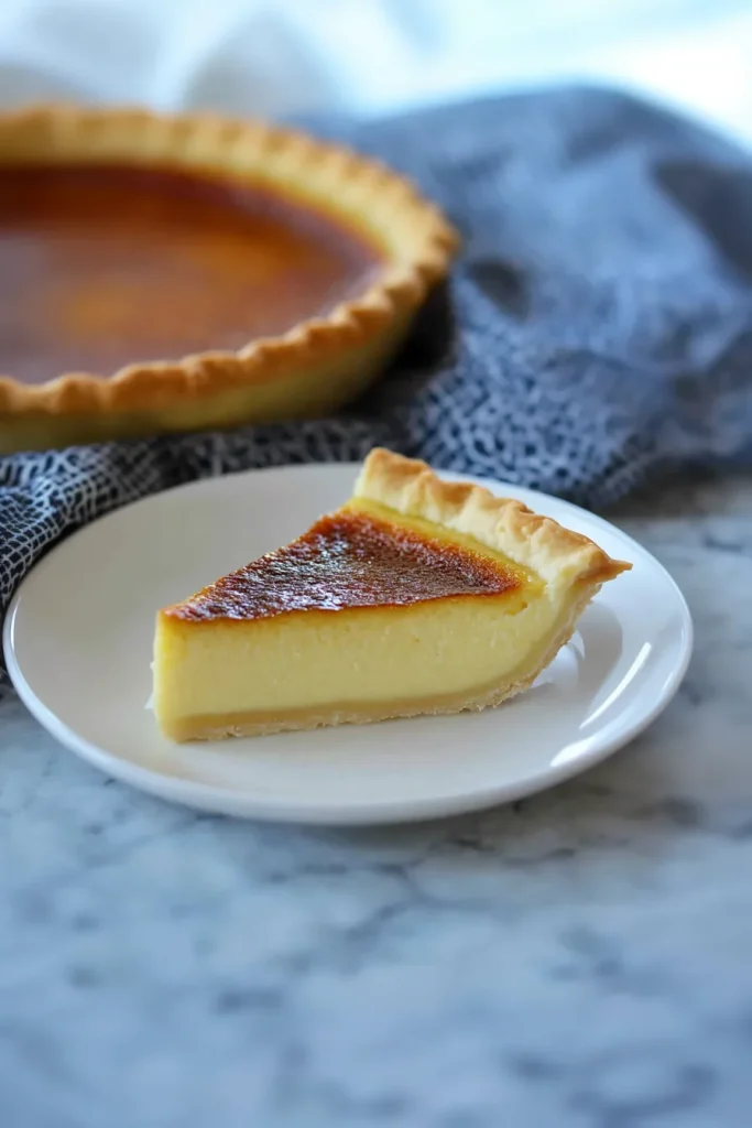 Freshly cut slice of pie showing rich yellow custard layers against a crisp pastry shell.