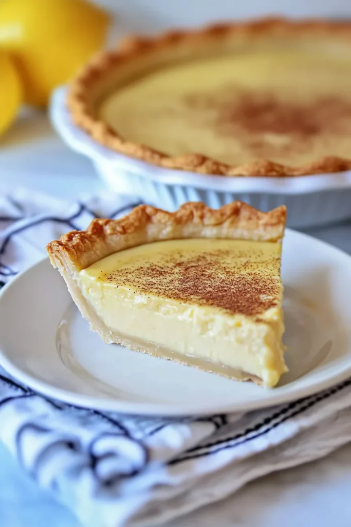 A golden slice of custard pie with a smooth, creamy filling and flaky crust on a white plate.