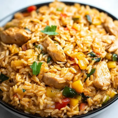 Bowl of rice mixed with vegetables and juicy chicken.