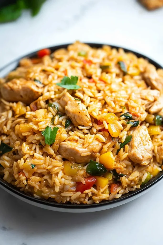 Bowl of rice mixed with vegetables and juicy chicken.