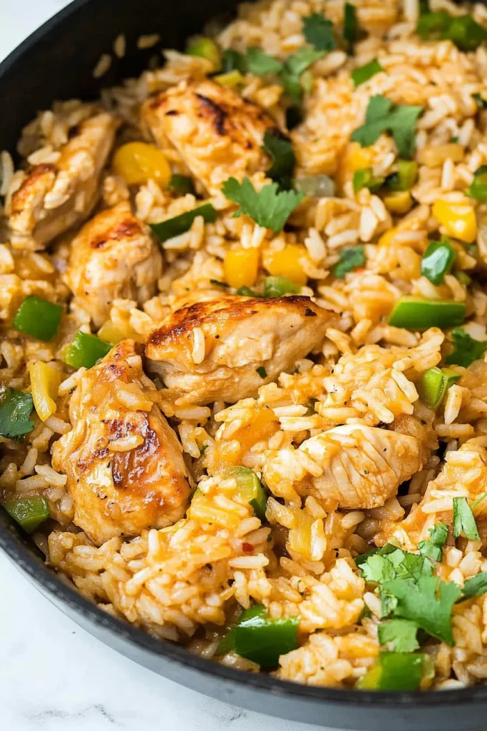 Golden rice blend with chicken and vibrant red, yellow, and green peppers.