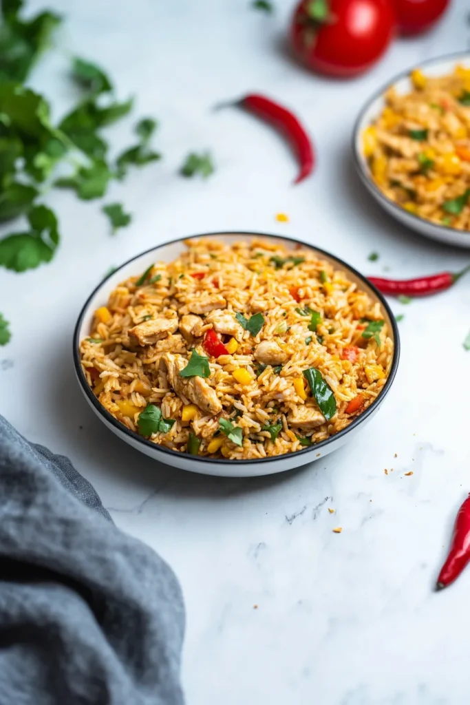 Colorful rice dish with tender chicken pieces and mixed bell peppers.