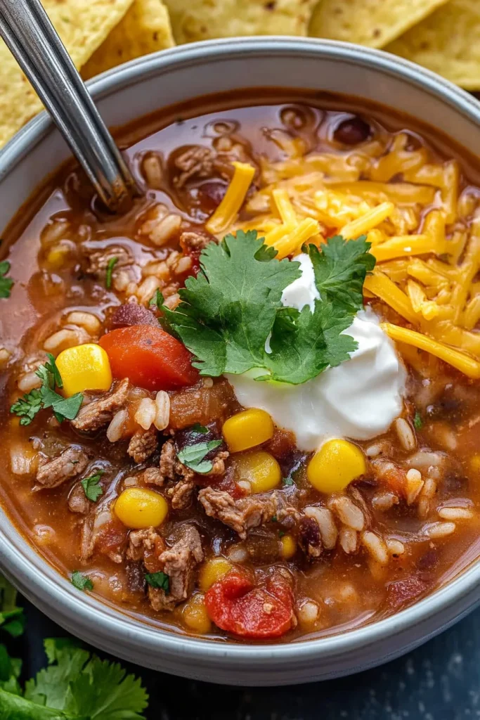 Warm, comforting soup with glossy surface and a dollop of sour cream at the center.