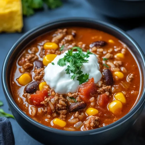 Rustic serving of soup with cornbread pieces and fresh herbs in the background.