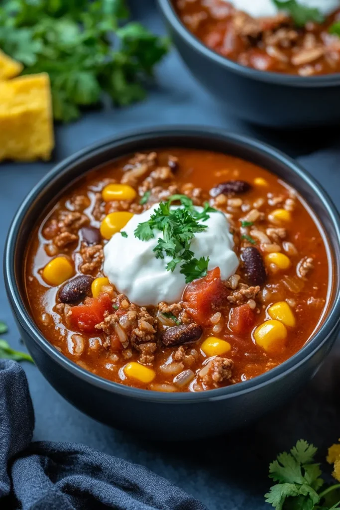 Rustic serving of soup with cornbread pieces and fresh herbs in the background.