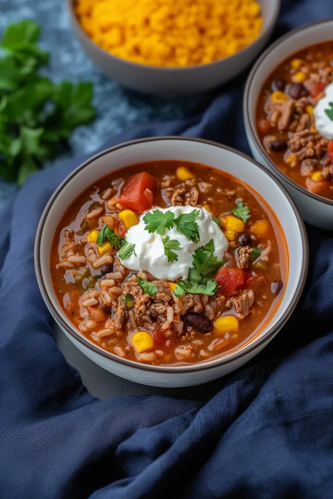 Hearty bowl of chili-style soup with beef, beans, corn, and rice, topped with sour cream and cilantro.
