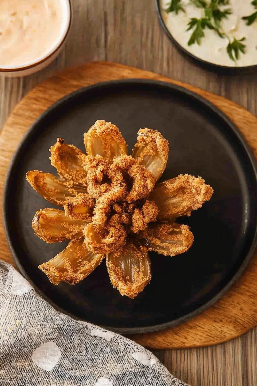 Blooming fried onion presented on a plate, highlighting its crisp layers.