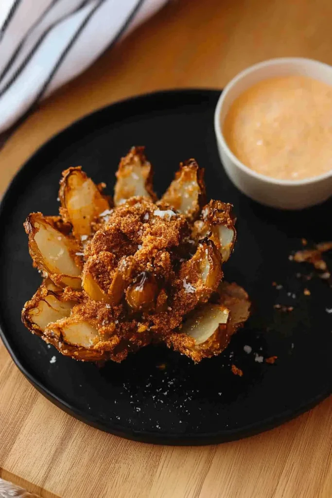 Golden-brown appetizer on a black plate, creamy sauce in a small bowl beside it.