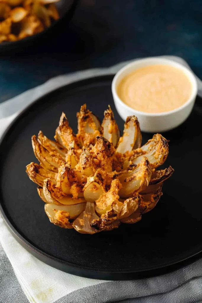 Crispy fried onion petals arranged like a flower, served with dipping sauce.