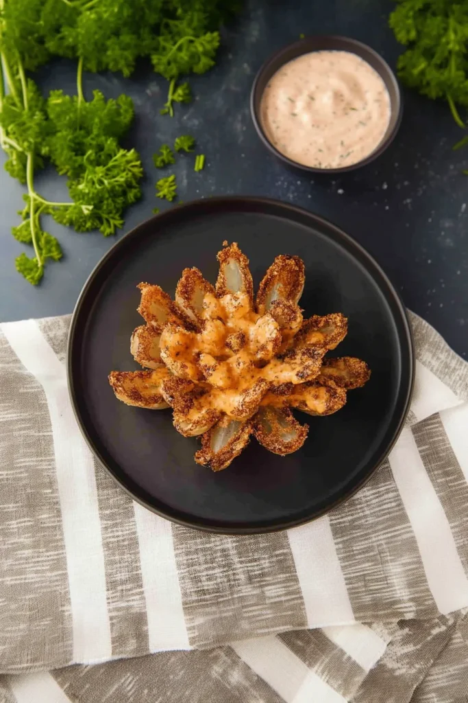 Plated onion appetizer with rich golden crust and creamy sauce for dipping.
