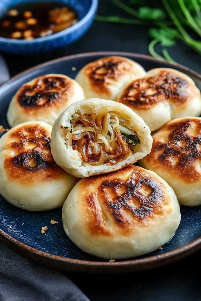 Golden-brown buns with a crispy top, one cut open to reveal noodles and vegetables inside.