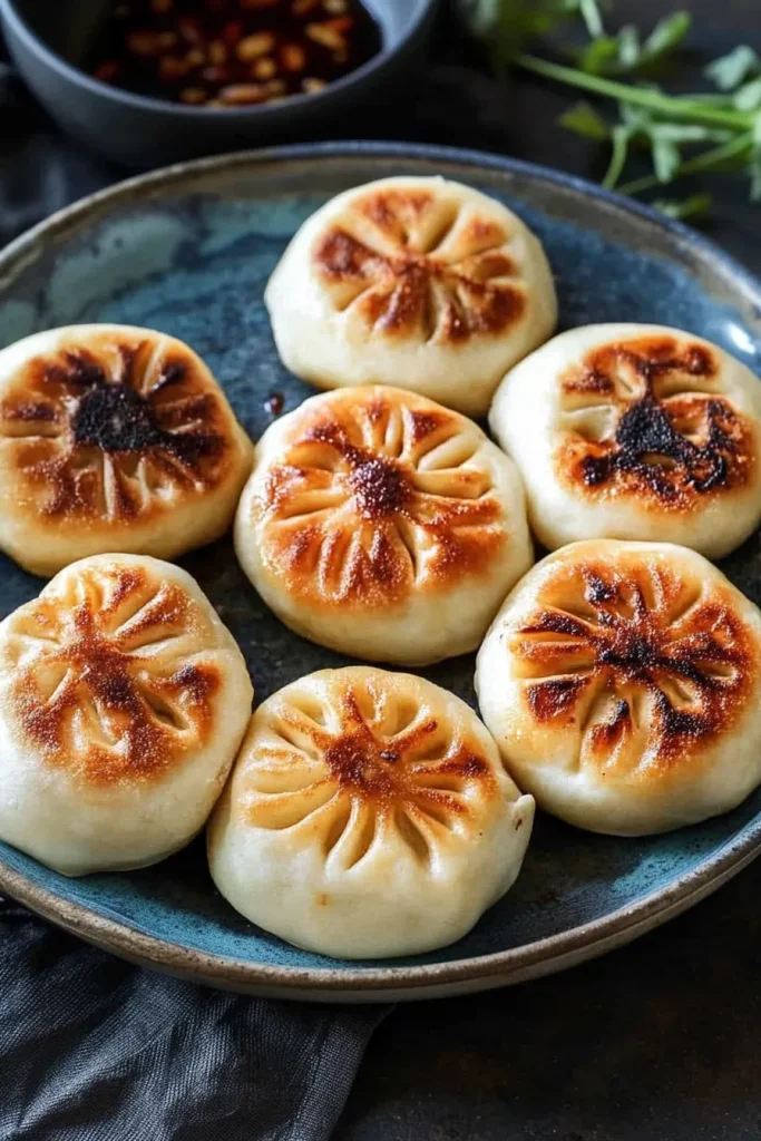 Plated buns with a dipping sauce in the background, garnished with fresh herbs.