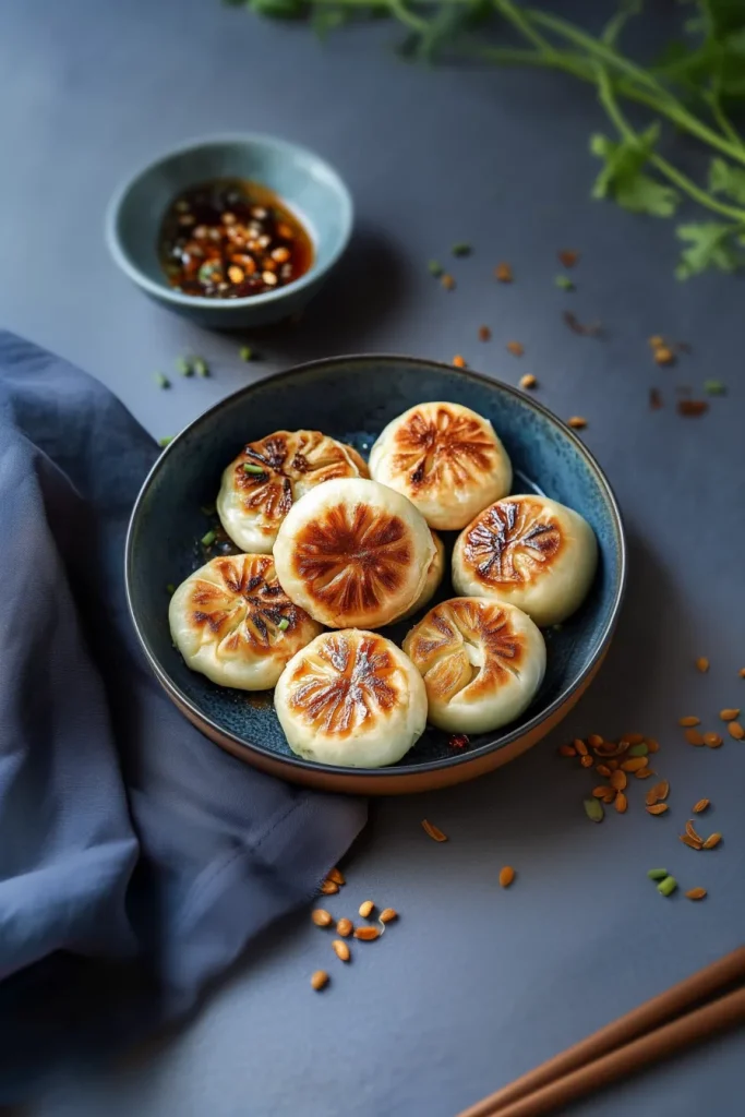 Stuffed buns with caramelized tops, paired with a bowl of sauce and herbs for serving.