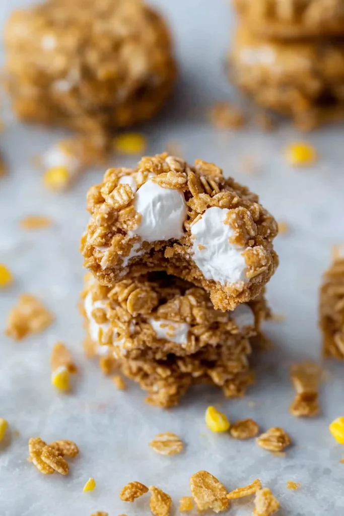 Stack of golden, crunchy cookies with a bite showing the chewy center.