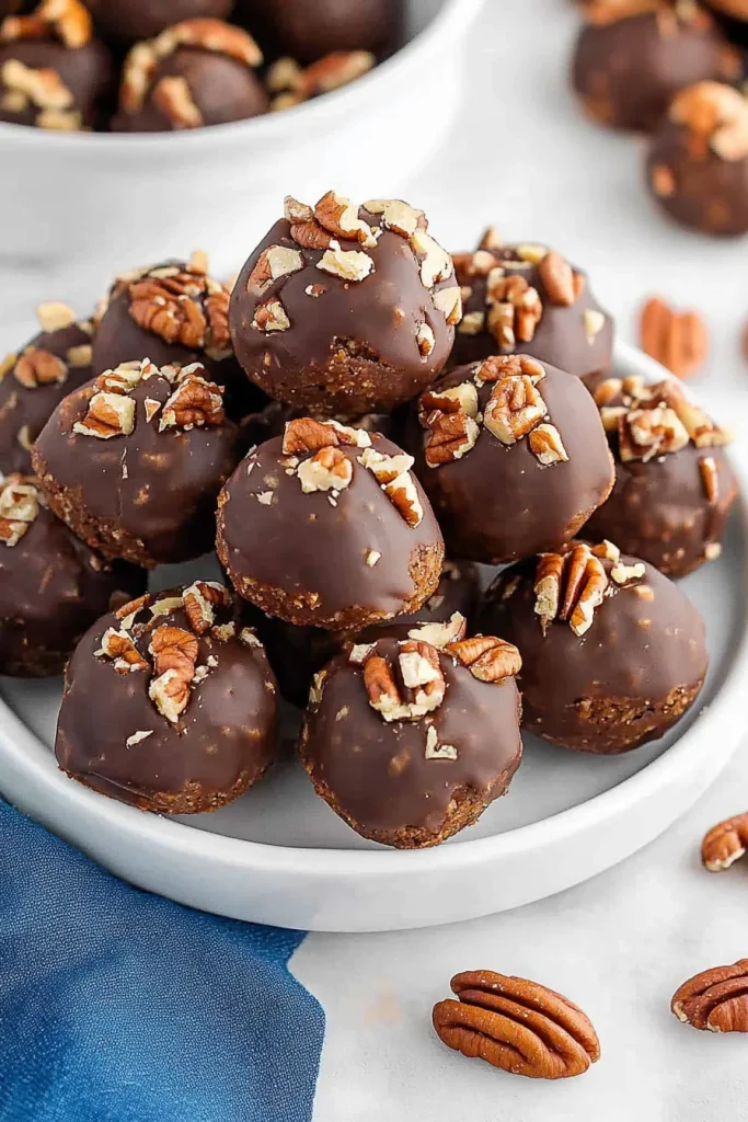 Overhead view of rich, round confections with glossy coating and nut topping.