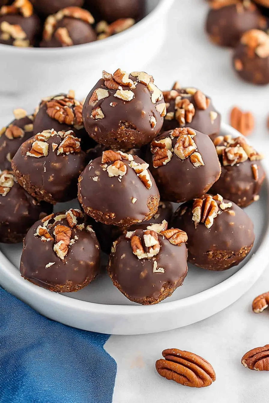Overhead view of rich, round confections with glossy coating and nut topping.