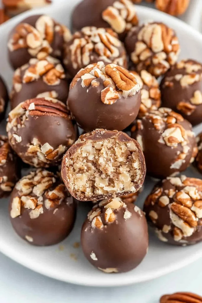 A halved truffle showing its nutty, crumbly filling beside whole pecanโtopped pieces.