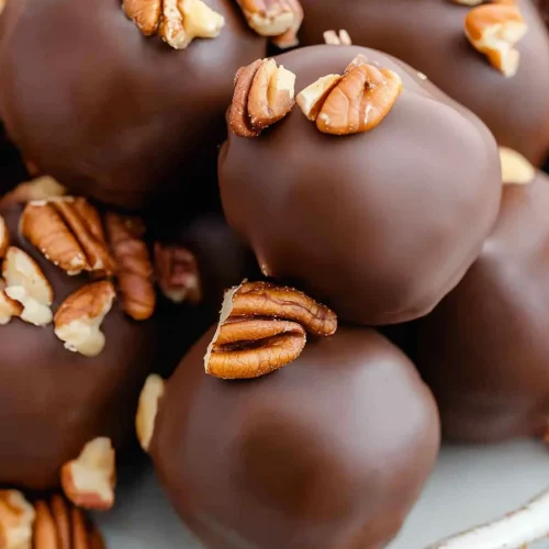 A plate of chocolateโdipped dessert balls, one cut open to reveal the sweet interior.