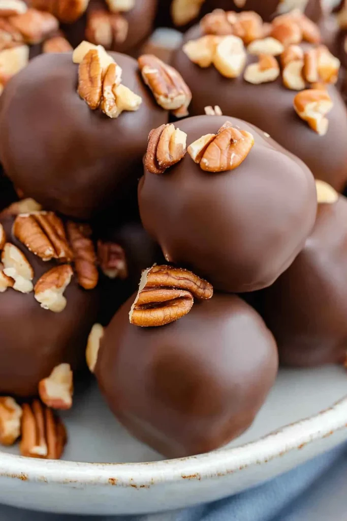 A plate of chocolateโdipped dessert balls, one cut open to reveal the sweet interior.