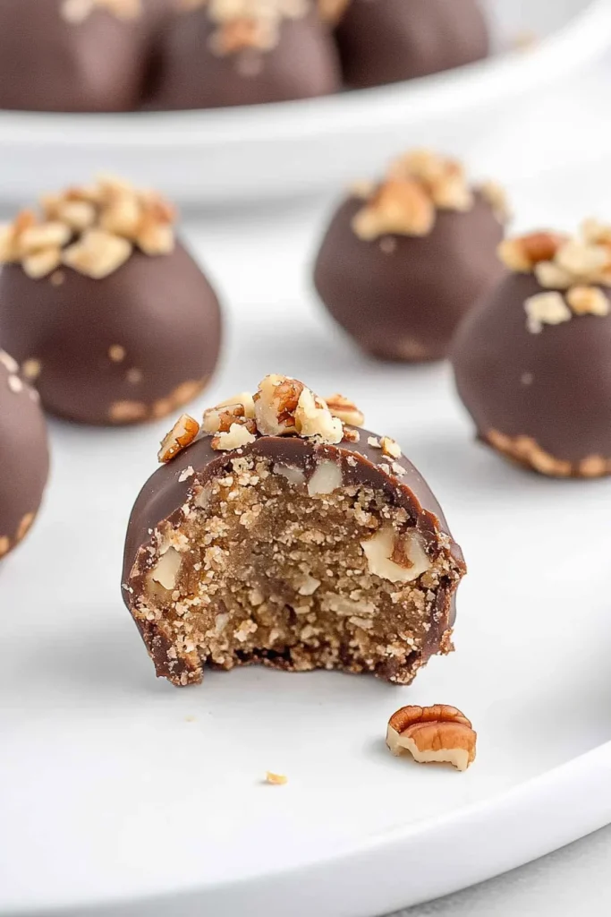 Neatly arranged biteโsized chocolate treats with crunchy pecan garnish.