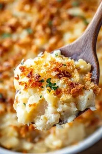 Close‑up of creamy layered potatoes with bubbly pepper jack crust.