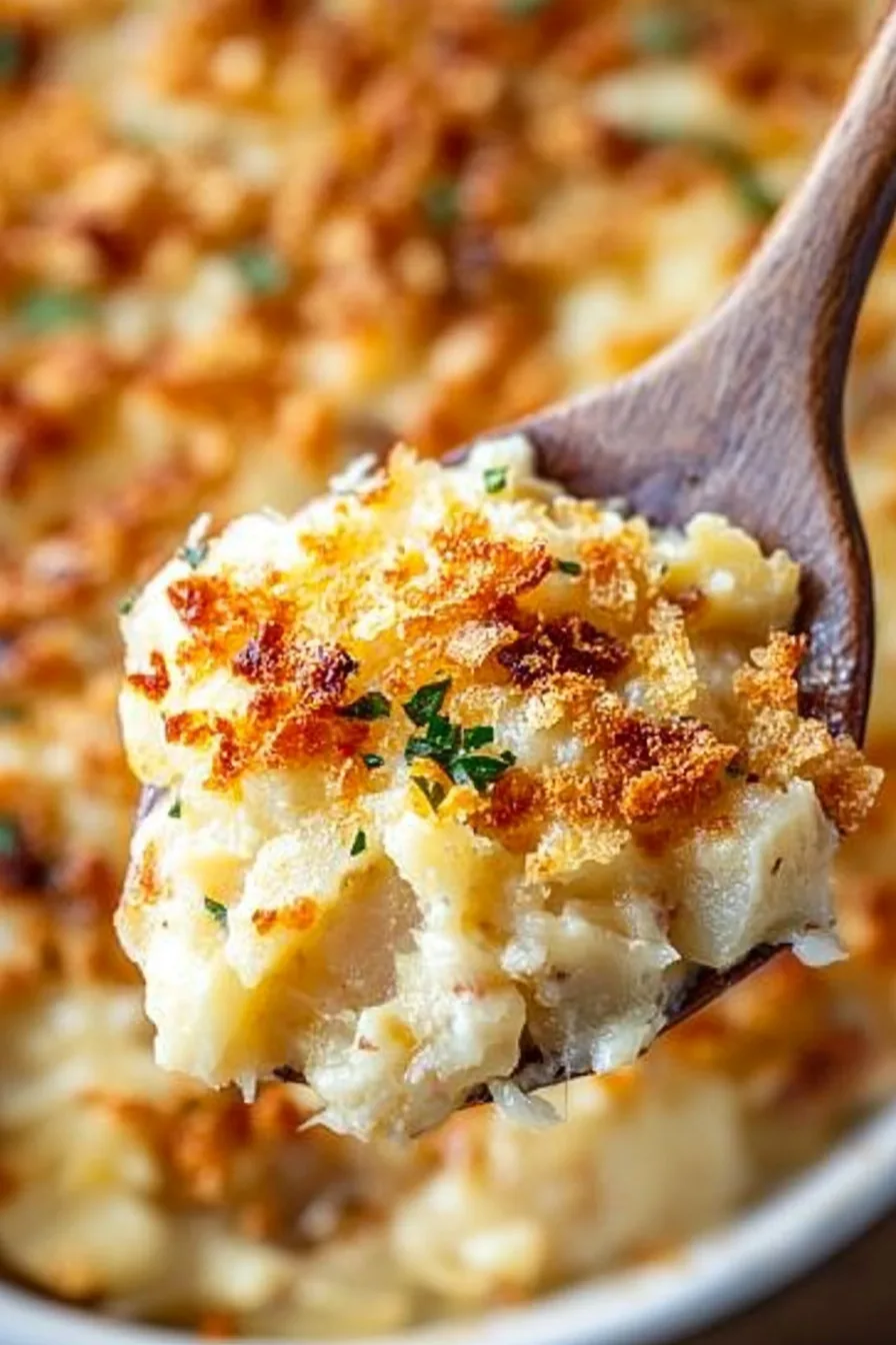 Closeโup of creamy layered potatoes with bubbly pepper jack crust.