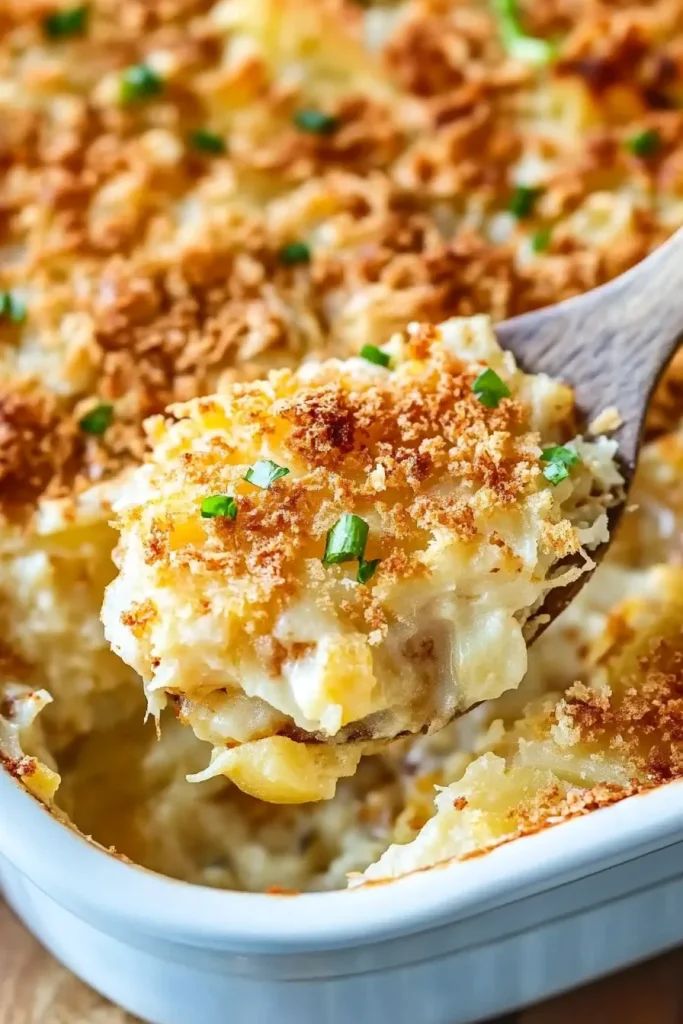 Cheesy potato bake showing browned surface and gooey interior.