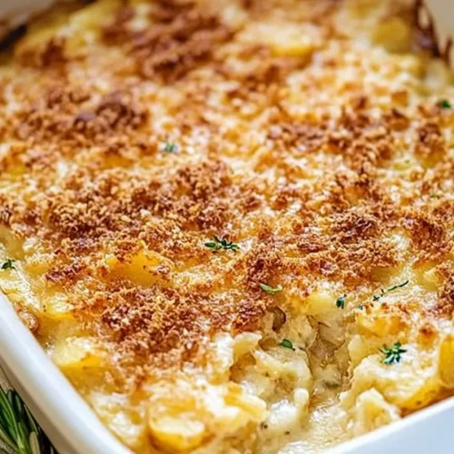 Freshly baked potato casserole garnished with herbs, served hot from the oven.