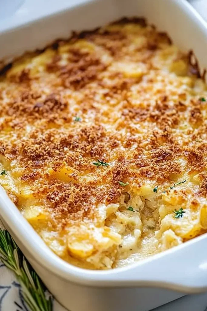 Freshly baked potato casserole garnished with herbs, served hot from the oven.