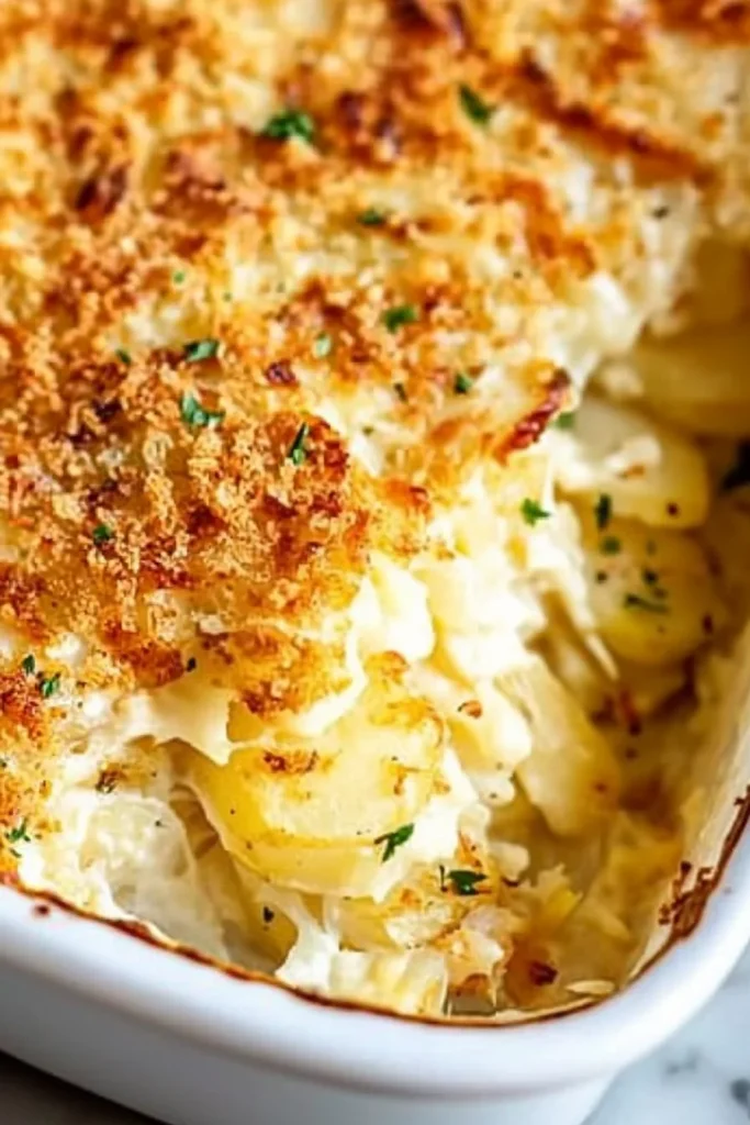 Golden casserole with melted cheese topping and crisp edges in a white baking dish.