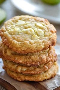 Stack of golden cookies with white chocolate chips on parchment paper.