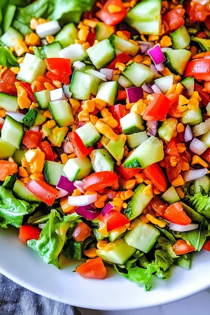 Healthy salad featuring cucumbers, onions, and peppers, captured under soft natural light.