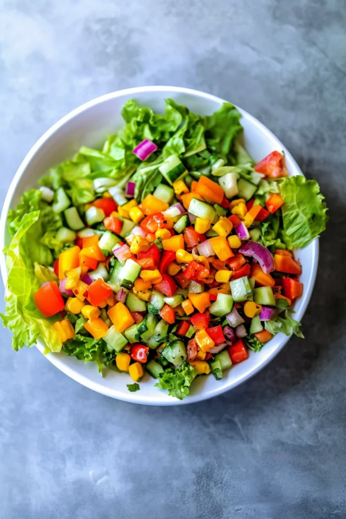 Final serving of mixed greens and diced vegetables, highlighting freshness and texture.