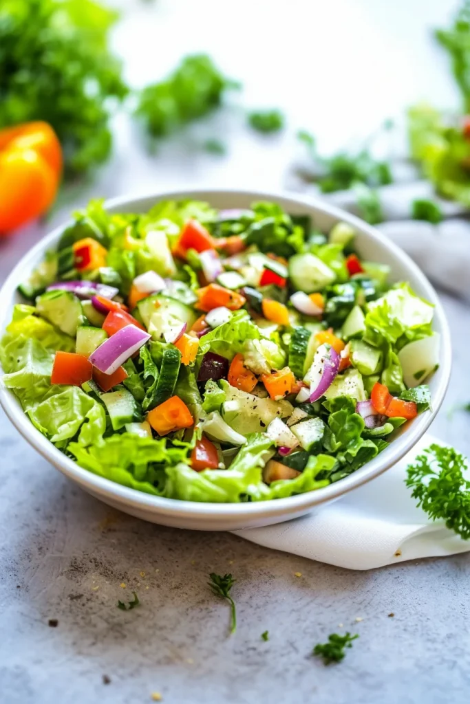 A white bowl filled with colorful chopped lettuce, cucumbers, and bell peppers.