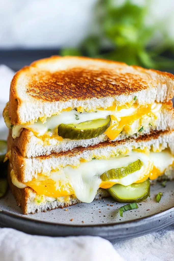 Stacked grilled cheese halves with melted cheese oozing out.