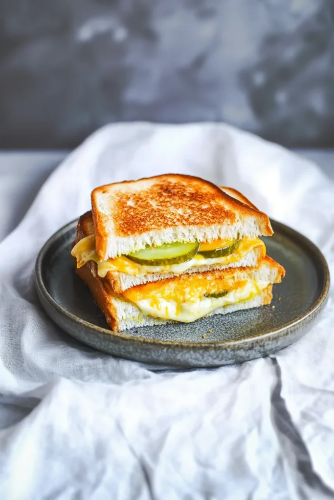 Overhead view of grilled cheese halves with visible pickle layers inside.