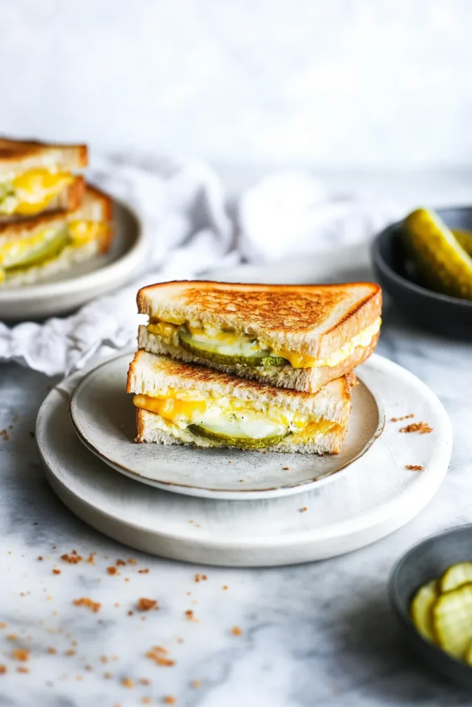 Crispy bread with oozing cheese and crunchy pickle slices, garnished lightly.
