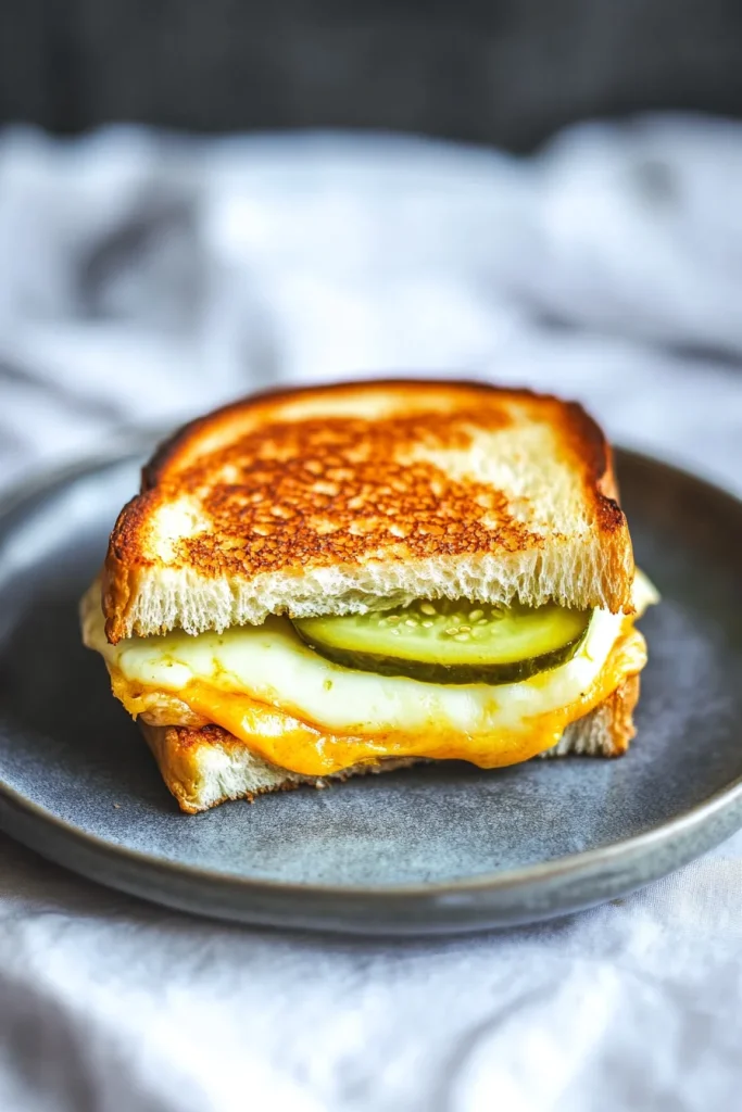Sandwich served on a gray plate, highlighting crisp crust and melty center.
